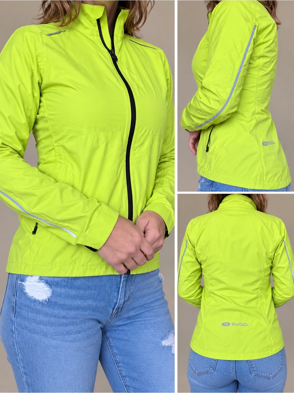 SUGOI Women's Neon Lime Lightweight biking/running Jacket with Reflective Trim